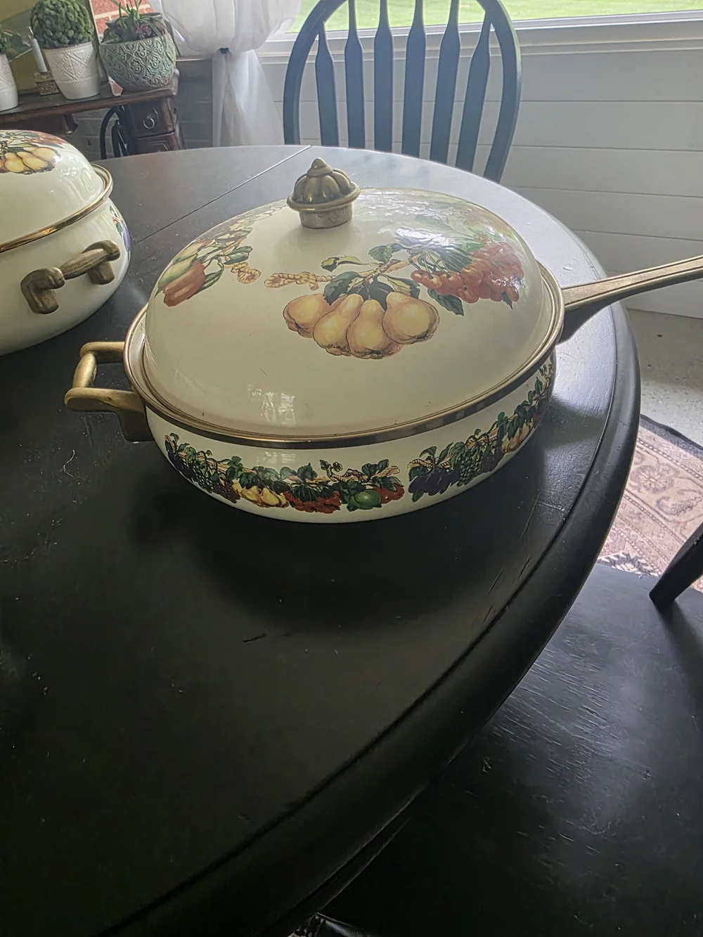 White Enamel Serving Roaster with Fruit Motif and Gold Trim